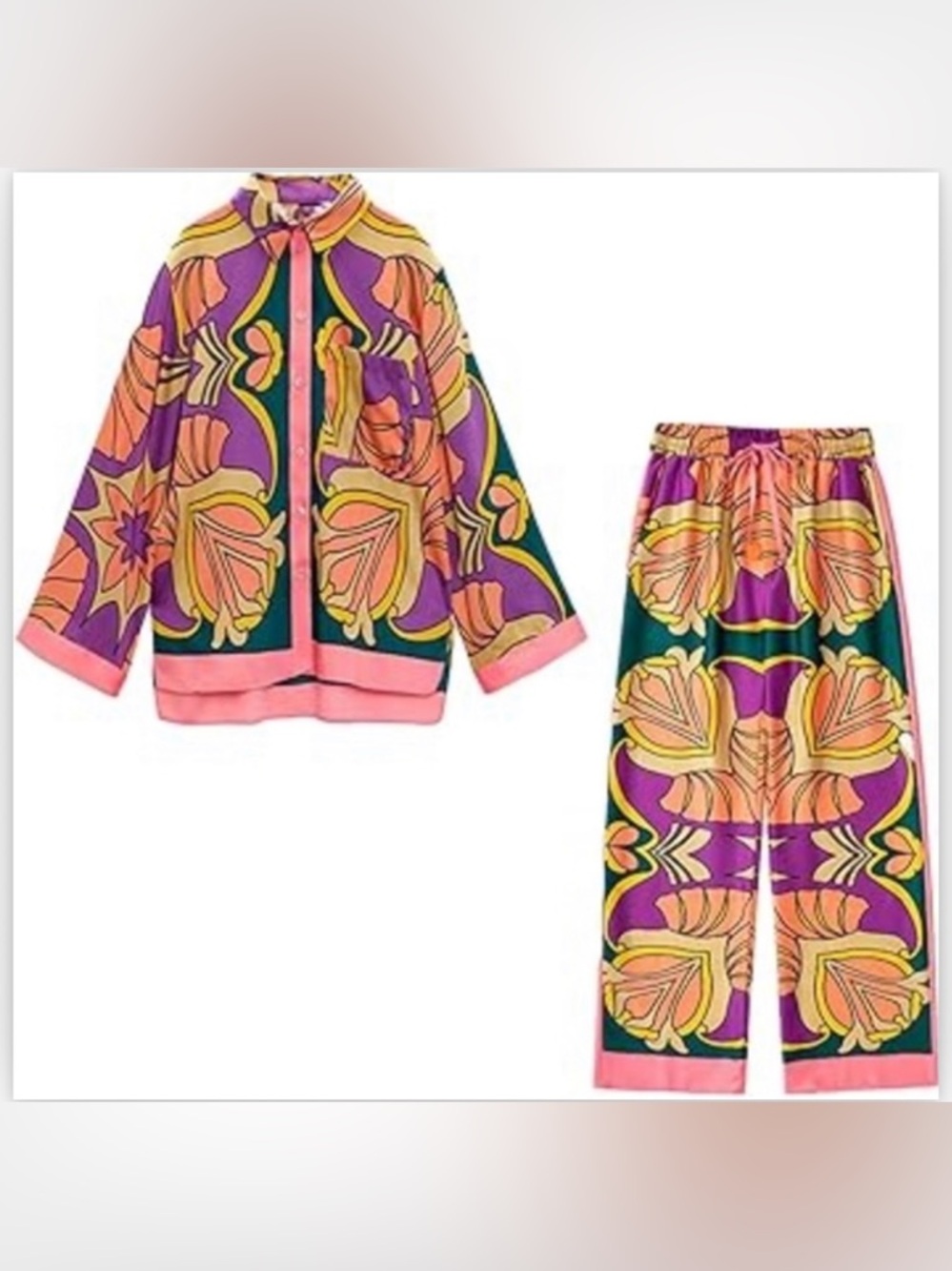 Zara Vibrant Purple Green Pink Floral Print Two-Piece Blouse and Pants Set S